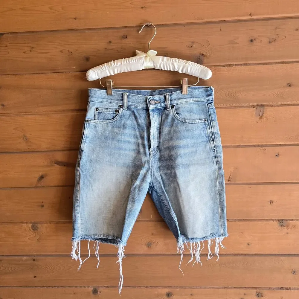 Saint Laurent Jean Short Bermuda Denim Raw Hem Winter Blue 29 Distressed Y2K